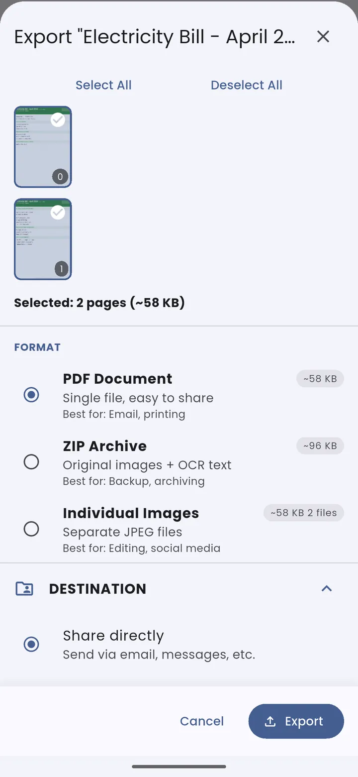 Notetify export scanned documents as encrypted PDF or ZIP