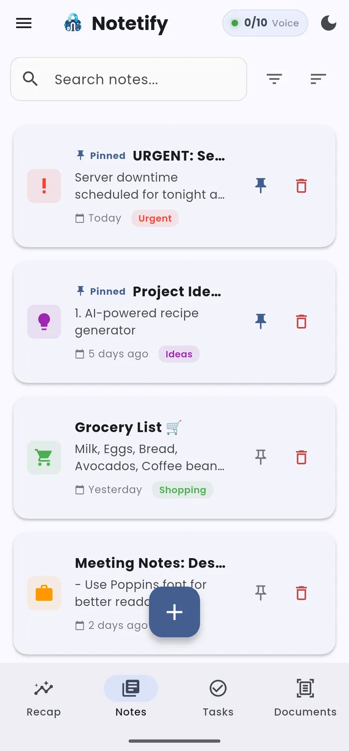 Notetify encrypted notes list with categories and pinning