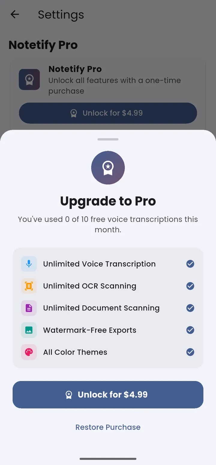 Notetify Pro one-time purchase upgrade screen