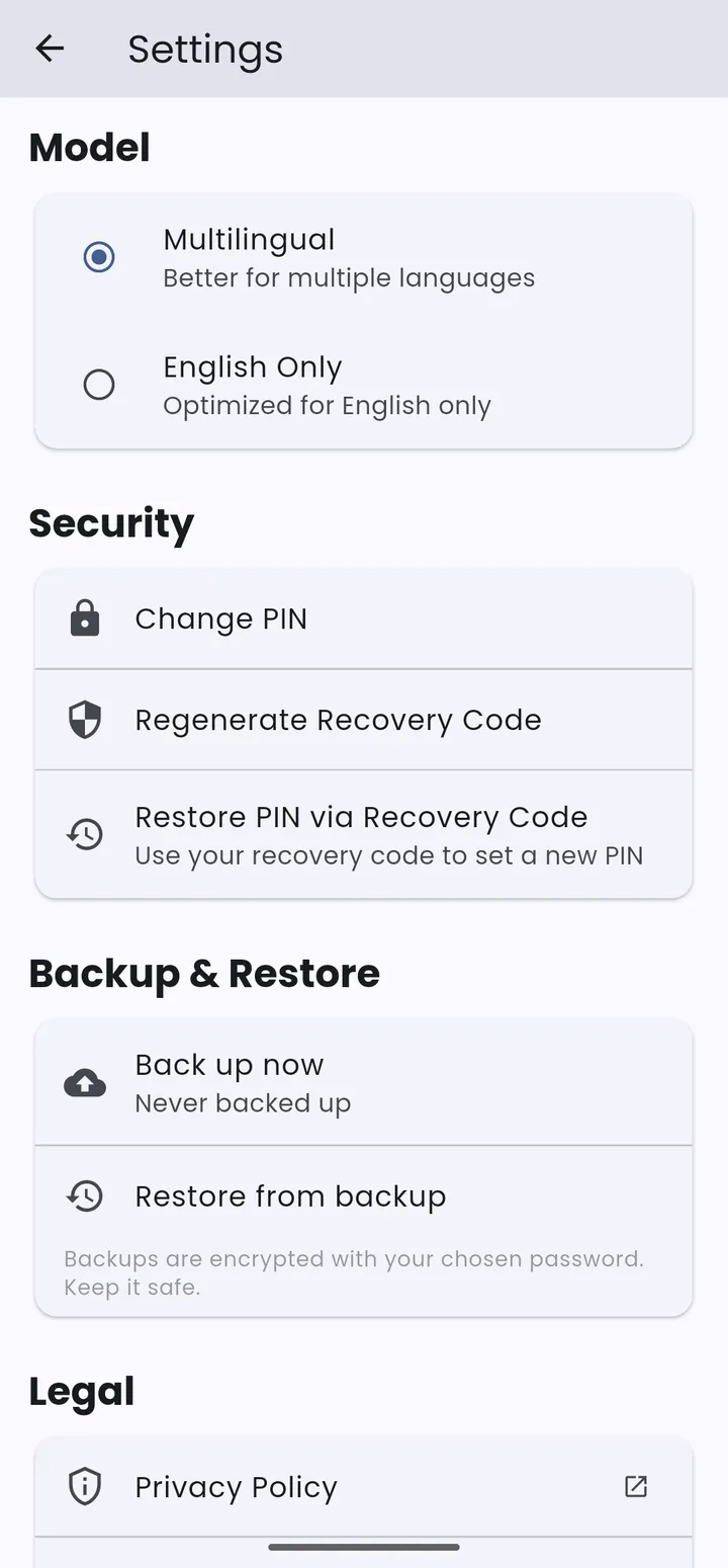 Notetify security settings with encryption and backup options